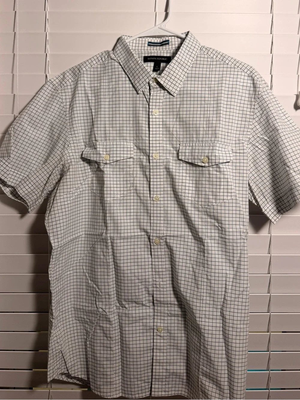Banana Republic White Button-Down Short Sleeve Shirt with Black Grid